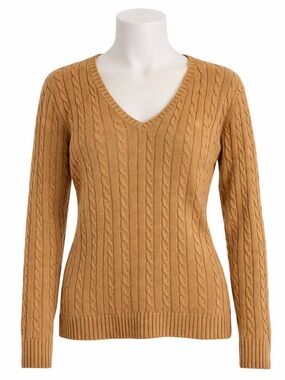 Size M Lauren Ralph Lauren Women’s Cable Knit V Neck Sweater Camel